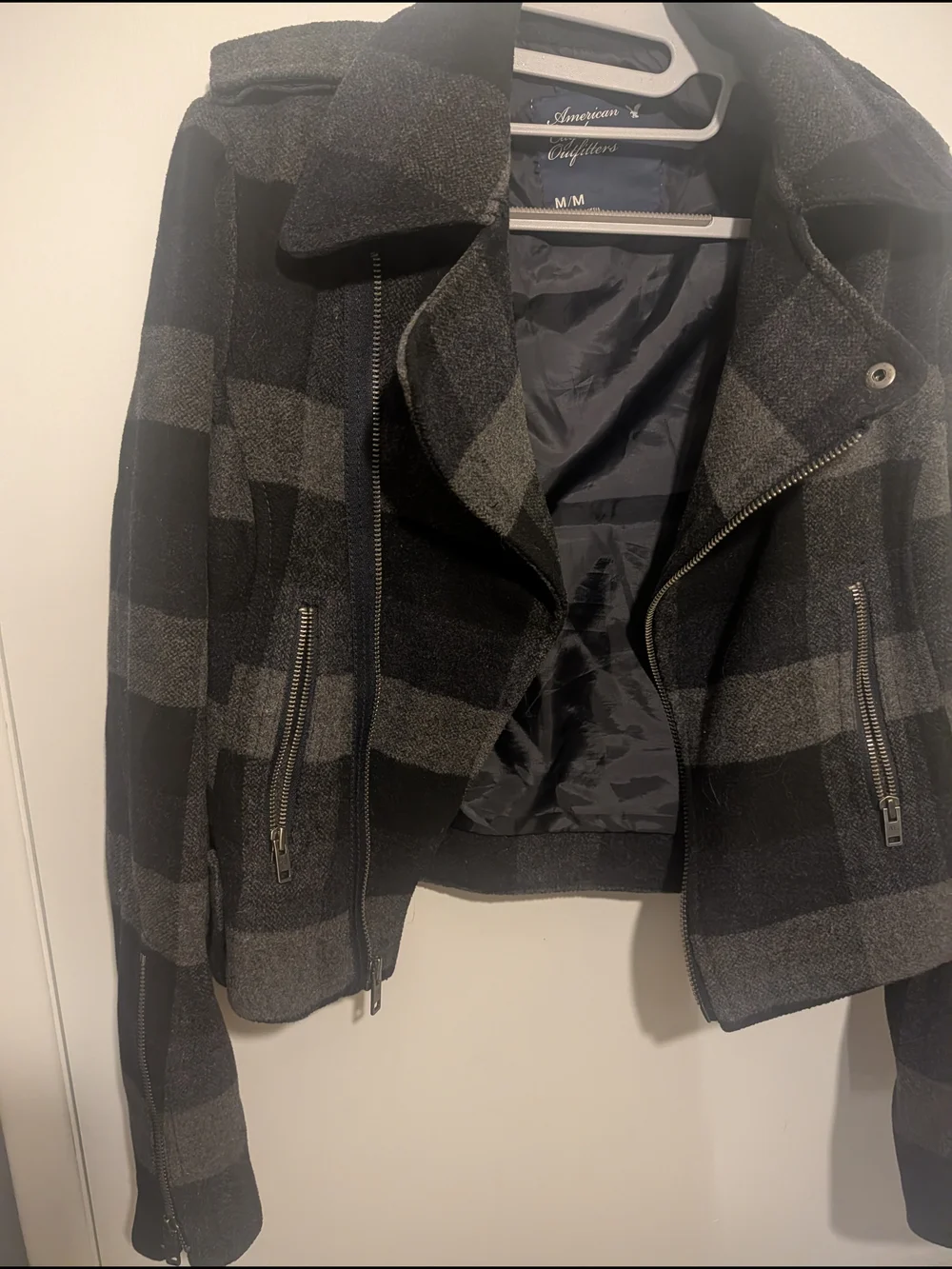 American Eagle Outfitters Black & Gray Plaid Moto Jacket